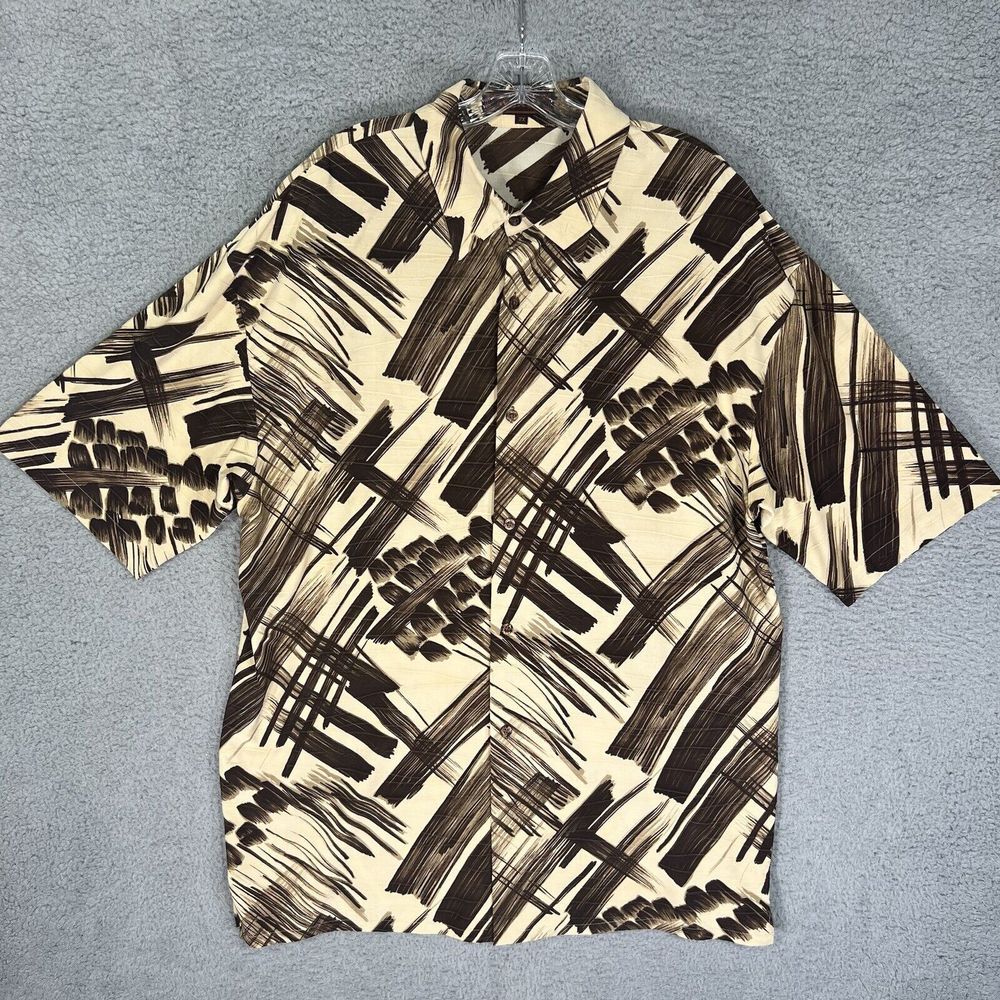 Creme De Silk Shirt Mens 2XL Brown Geometric Abstract Textured Button Up Camp
